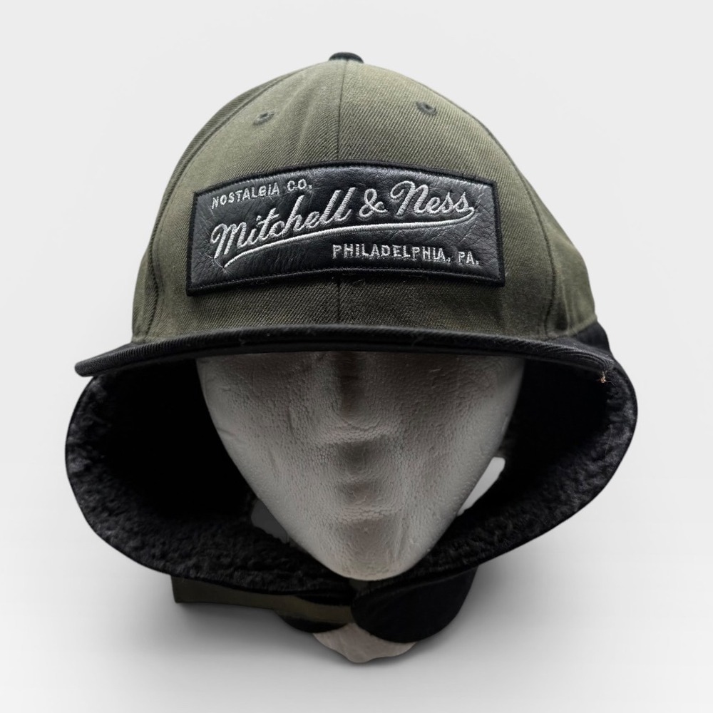 Mitchell & Ness Trapper Hat Mens 7 3/4 Fitted Sherpa Ear Flaps Olive Green Black